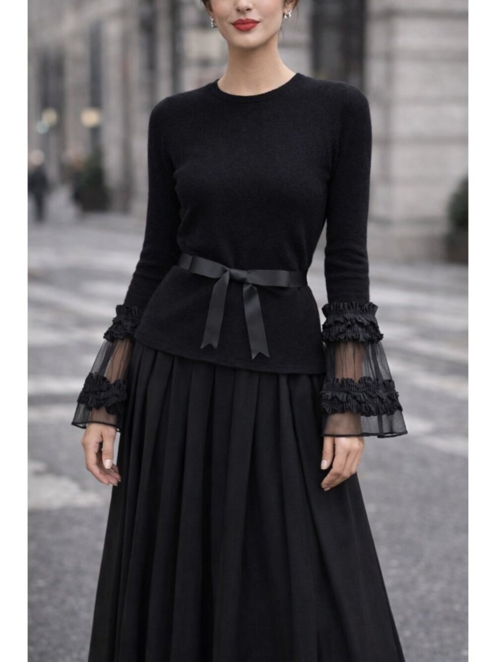 Mira New York Cashmere Wool Black Top Size 2 Sheer Ruffle Sleeve Bow Belt